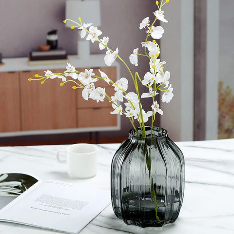JAKY-Global dark grey bud tall striped vase, sturdy for table decor.