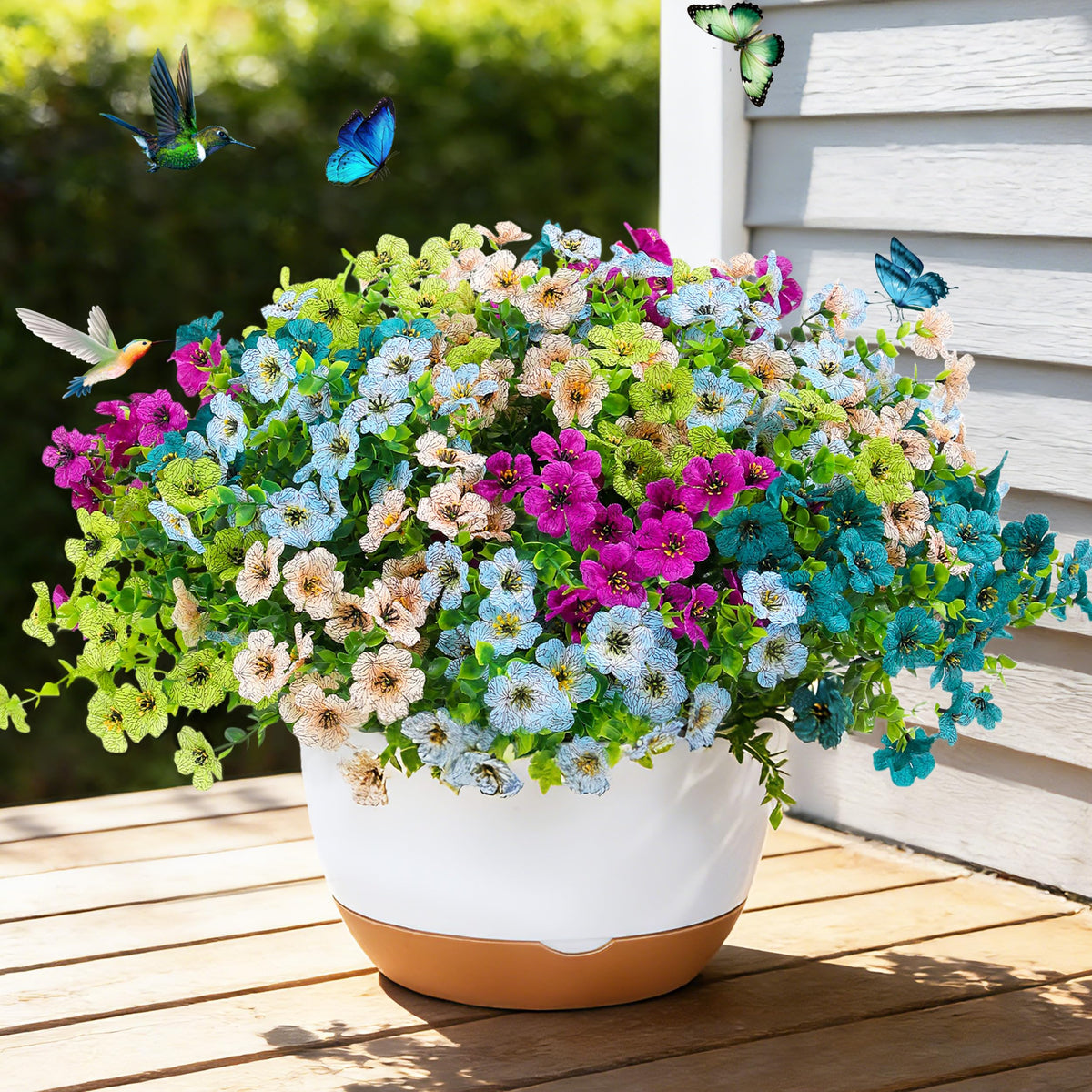 JAKY-Global faux outdoor plants with eucalyptus and daisies for year-round curb appeal.