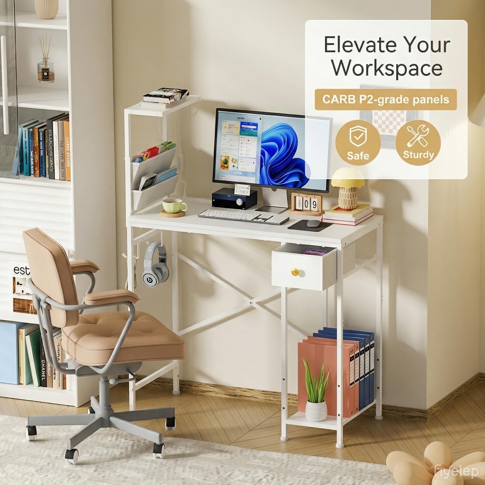 Jakyitvi desk shows built-in power strip for convenient charging.