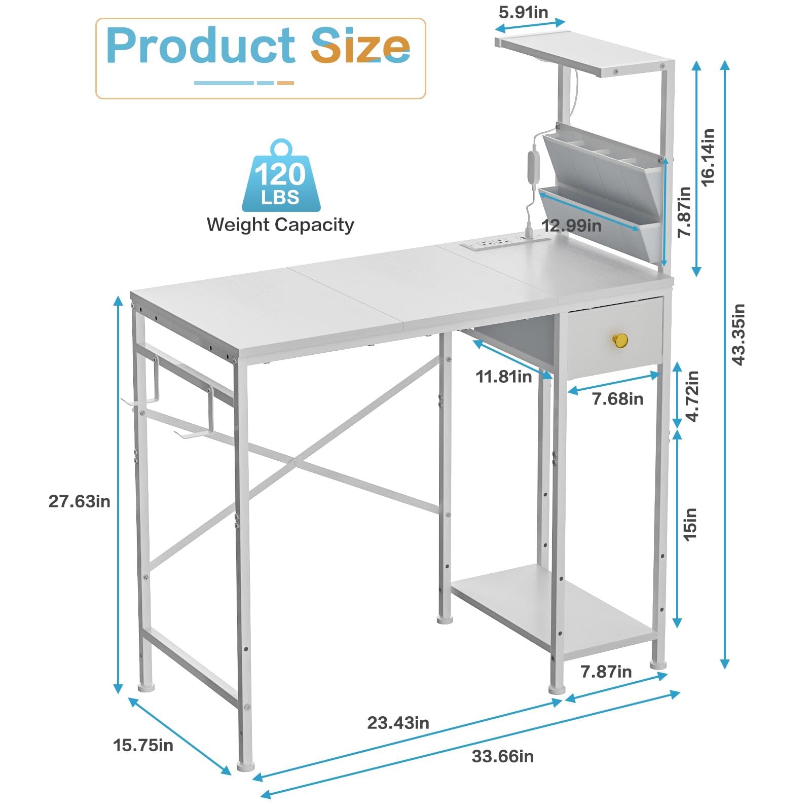 Jakyitvi desk with foldable drawer and side storage keeps supplies organized.