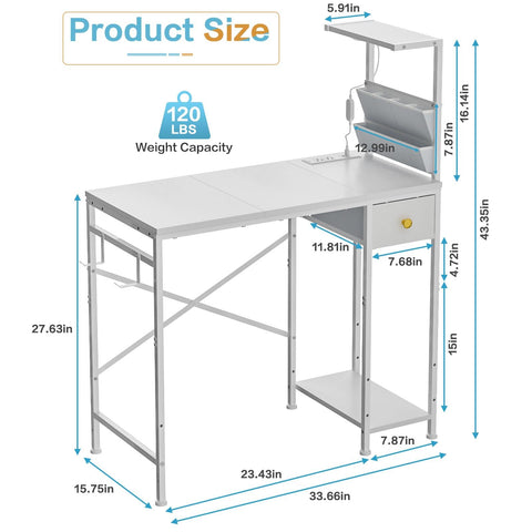 Jakyitvi desk with foldable drawer and side storage keeps supplies organized.