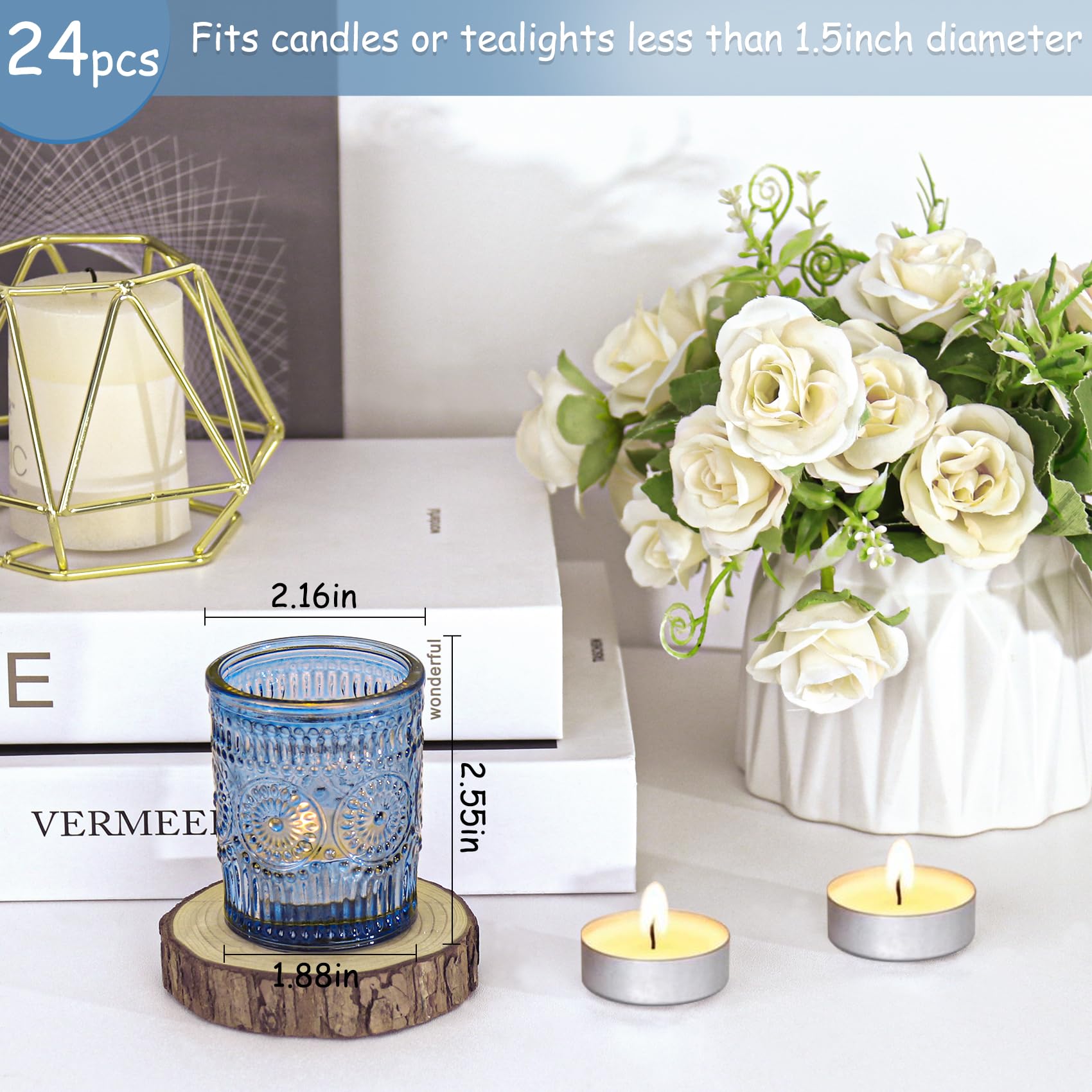 JALANCY blue glass tealight cups with sunflower embossing add vintage charm