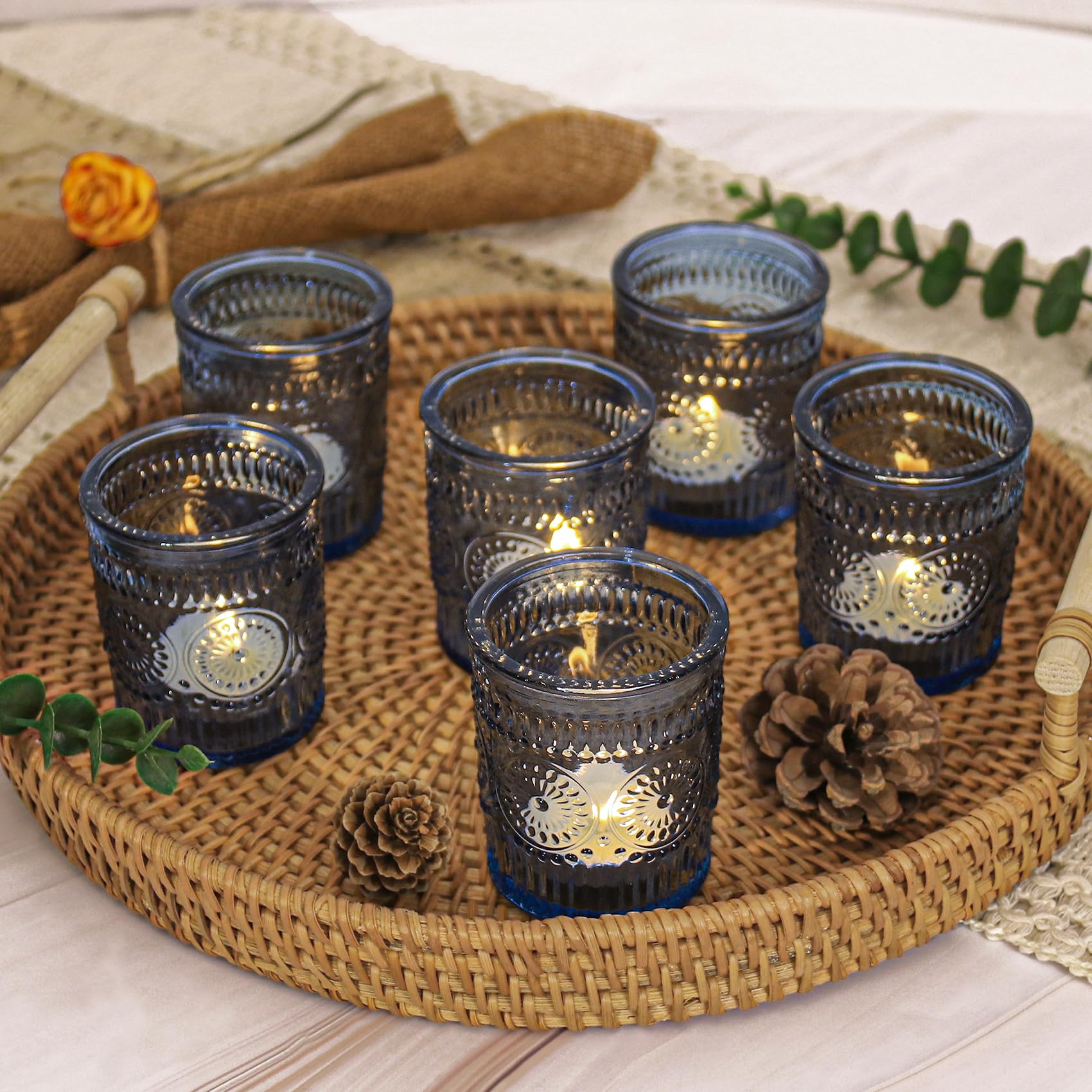 JALANCY blue votive candle holders set on a table centerpiece for elegant ambience