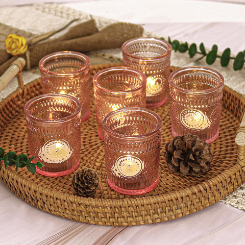 JALANCY pink glass votive holders for 24-pack centerpiece setups, adding elegant glow