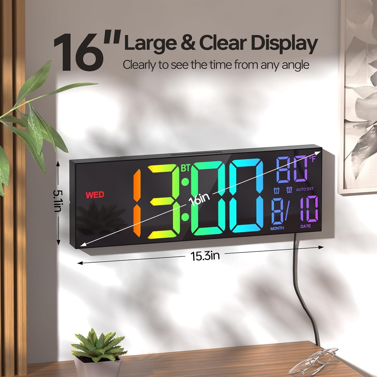 JALL 16.2-inch wall clock with colorful display improves readability from across the room.