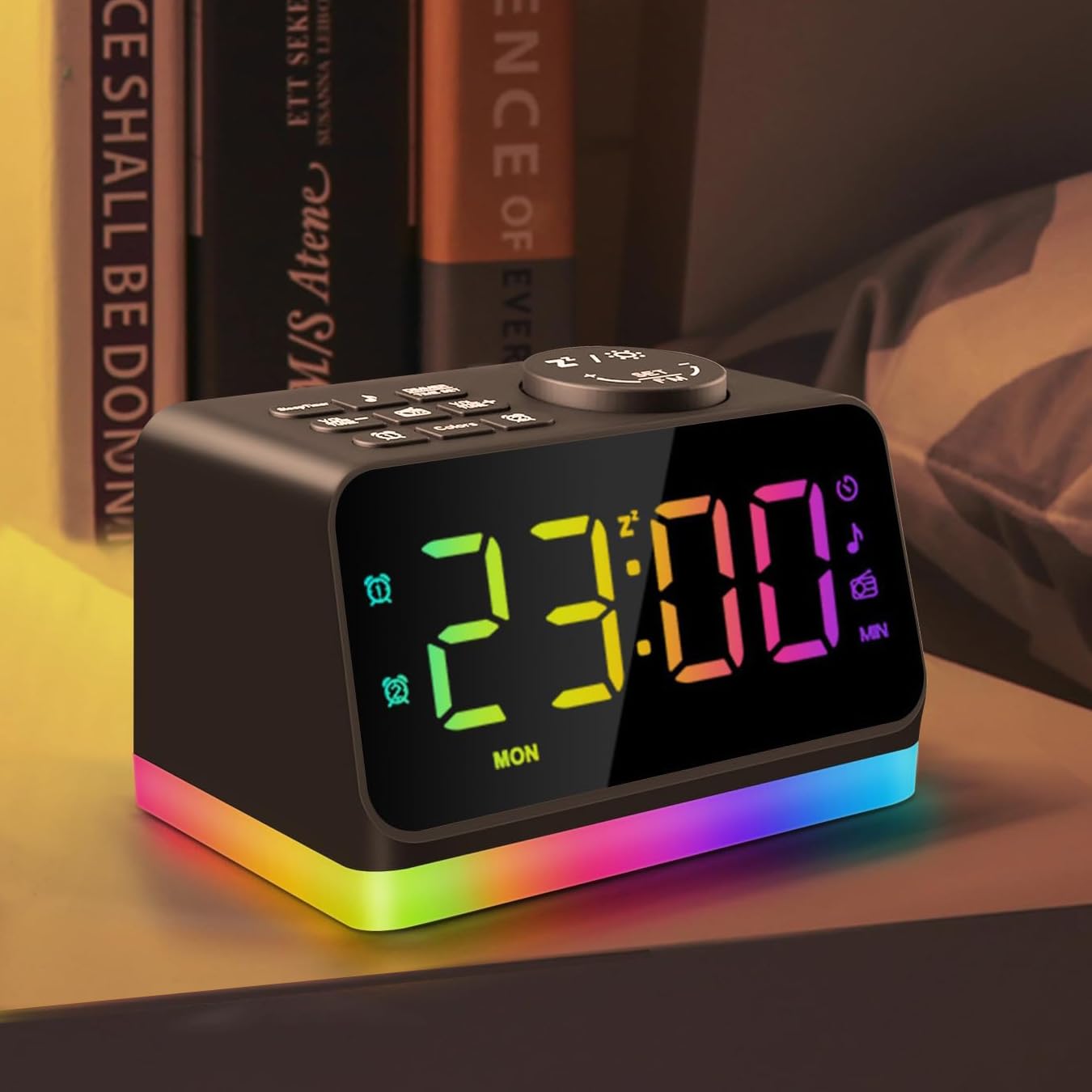 JALL digital alarm clock with FM radio in the bedroom, large display for easy viewing.