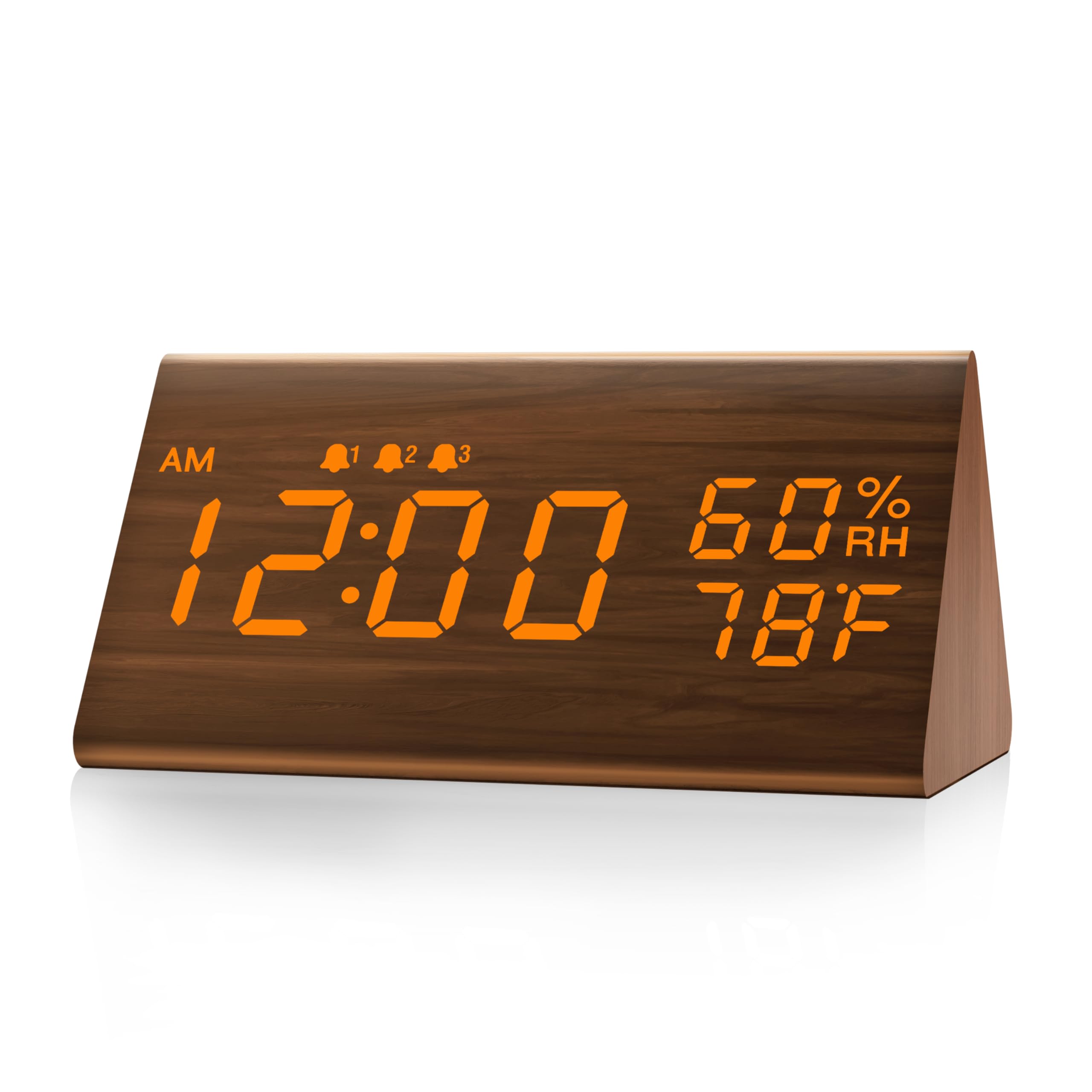 JALL digital alarm clock with wooden display for easy time reading at night.