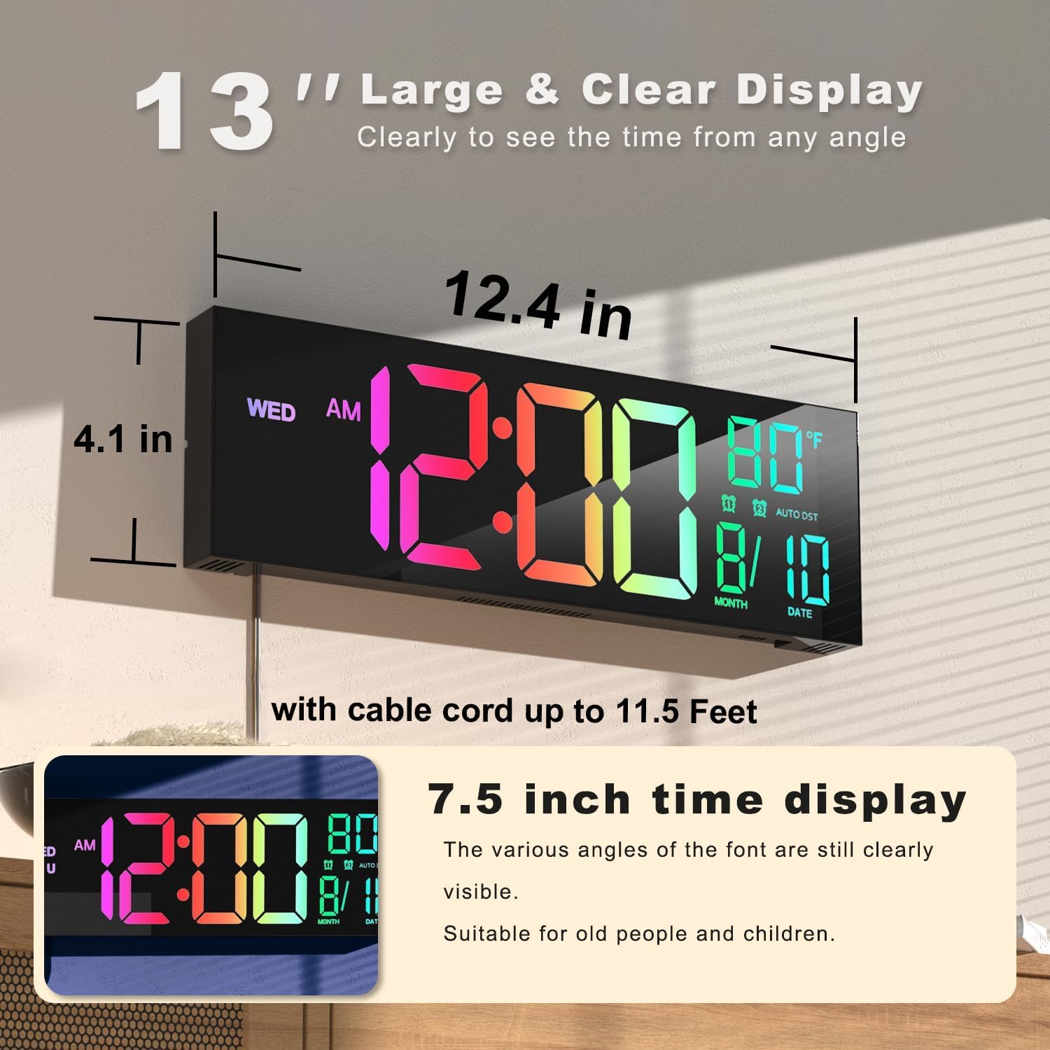 JALL digital wall clock with night light provides a warm glow for evenings.