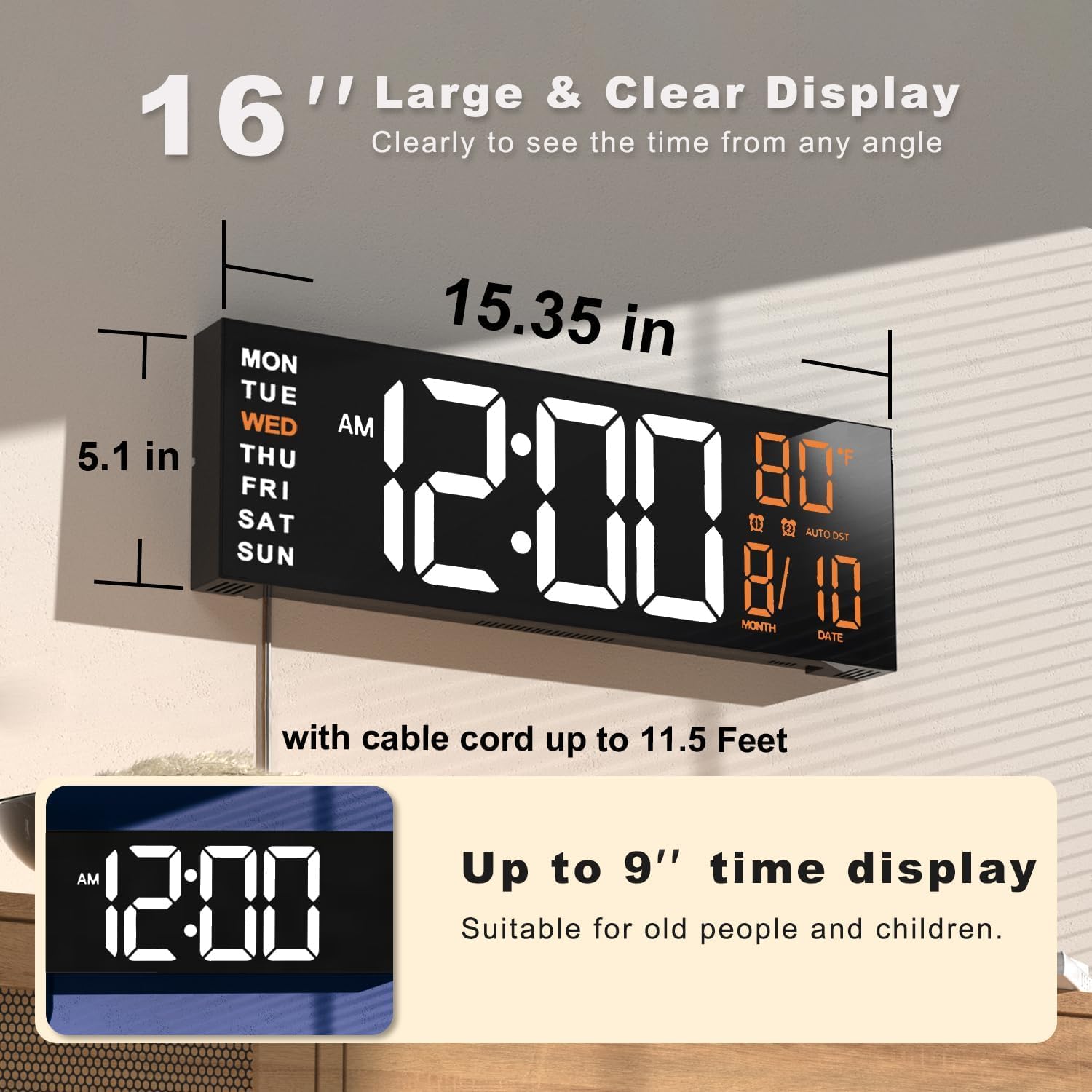JALL clock showing warm night-light ambiance for easy navigation at night.