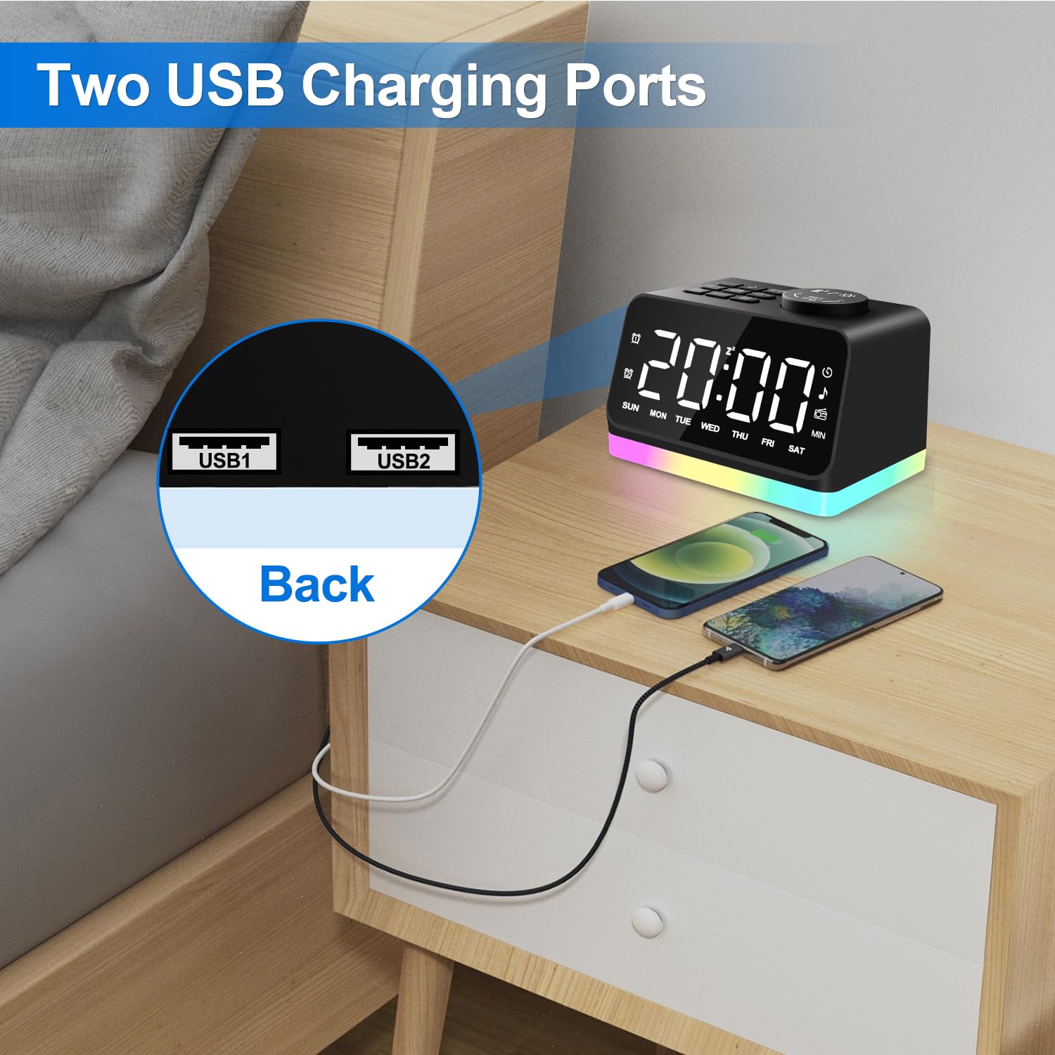 JALL USB charging ports stay within reach at the nightstand.
