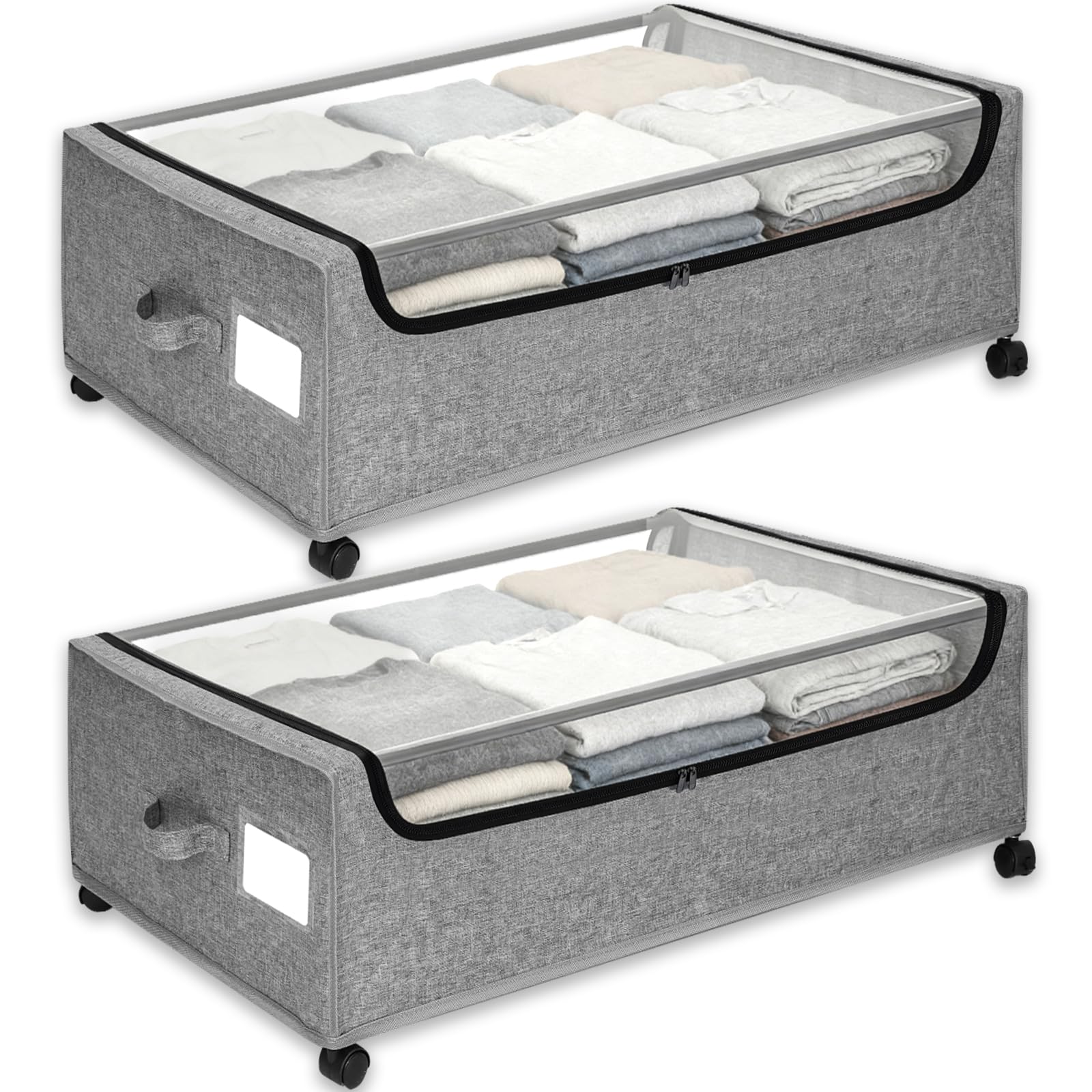 JALUNIVERSAL TRI under-bed storage bin with label and clear lid for quick visibility.