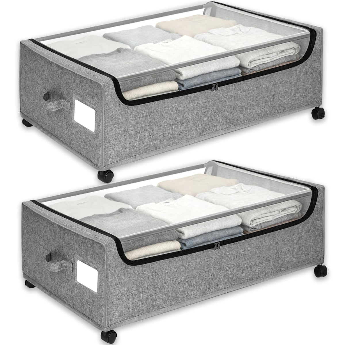 JALUNIVERSAL TRI under-bed storage bin with label and clear lid for quick visibility.