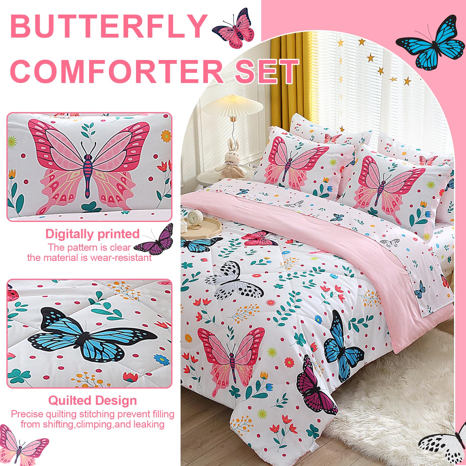 Closeup of Jameswish butterfly print on the comforter highlighting detailed design