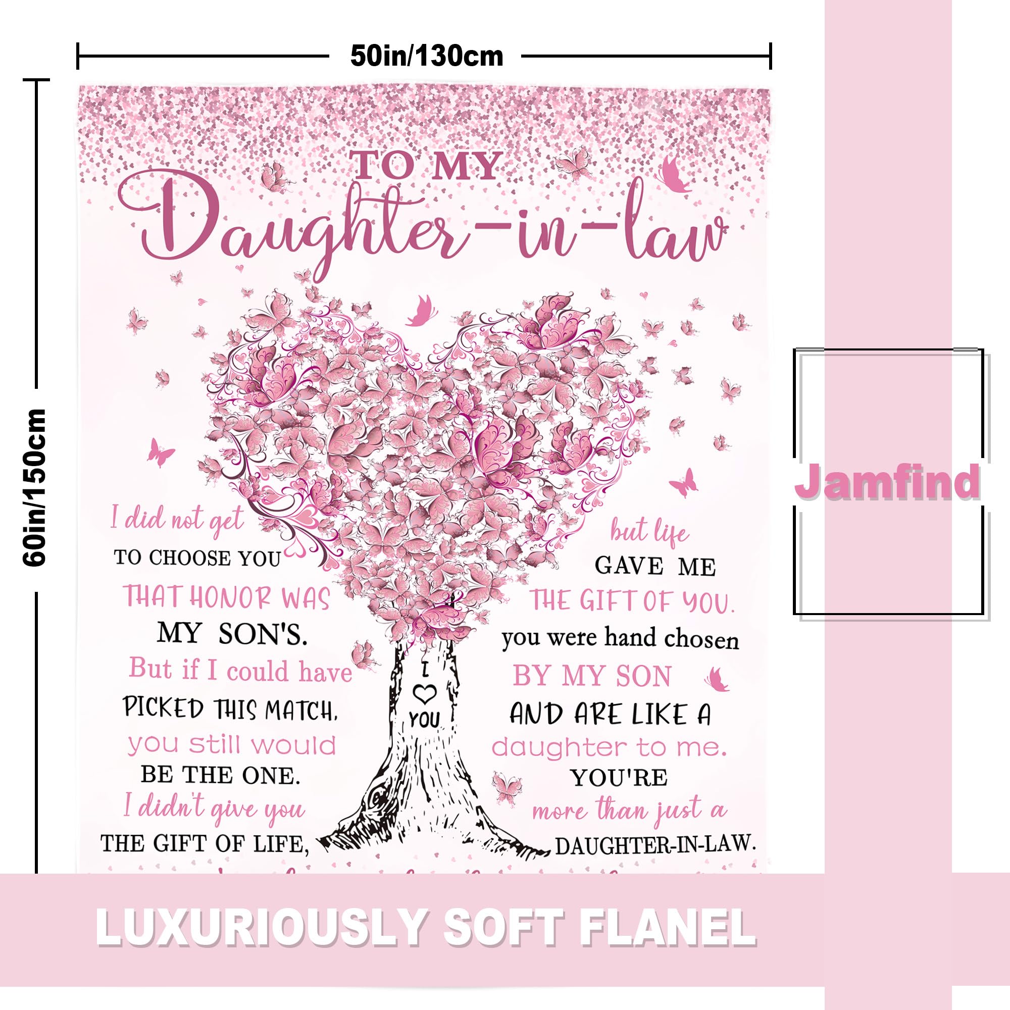 Jamfind daughter-in-law blanket design detail, love tree and pink butterflies elevate decor