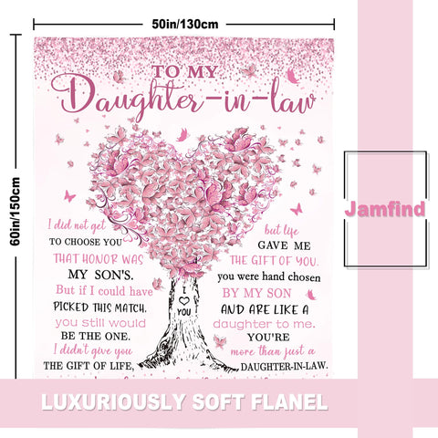 Jamfind daughter-in-law blanket design detail, love tree and pink butterflies elevate decor