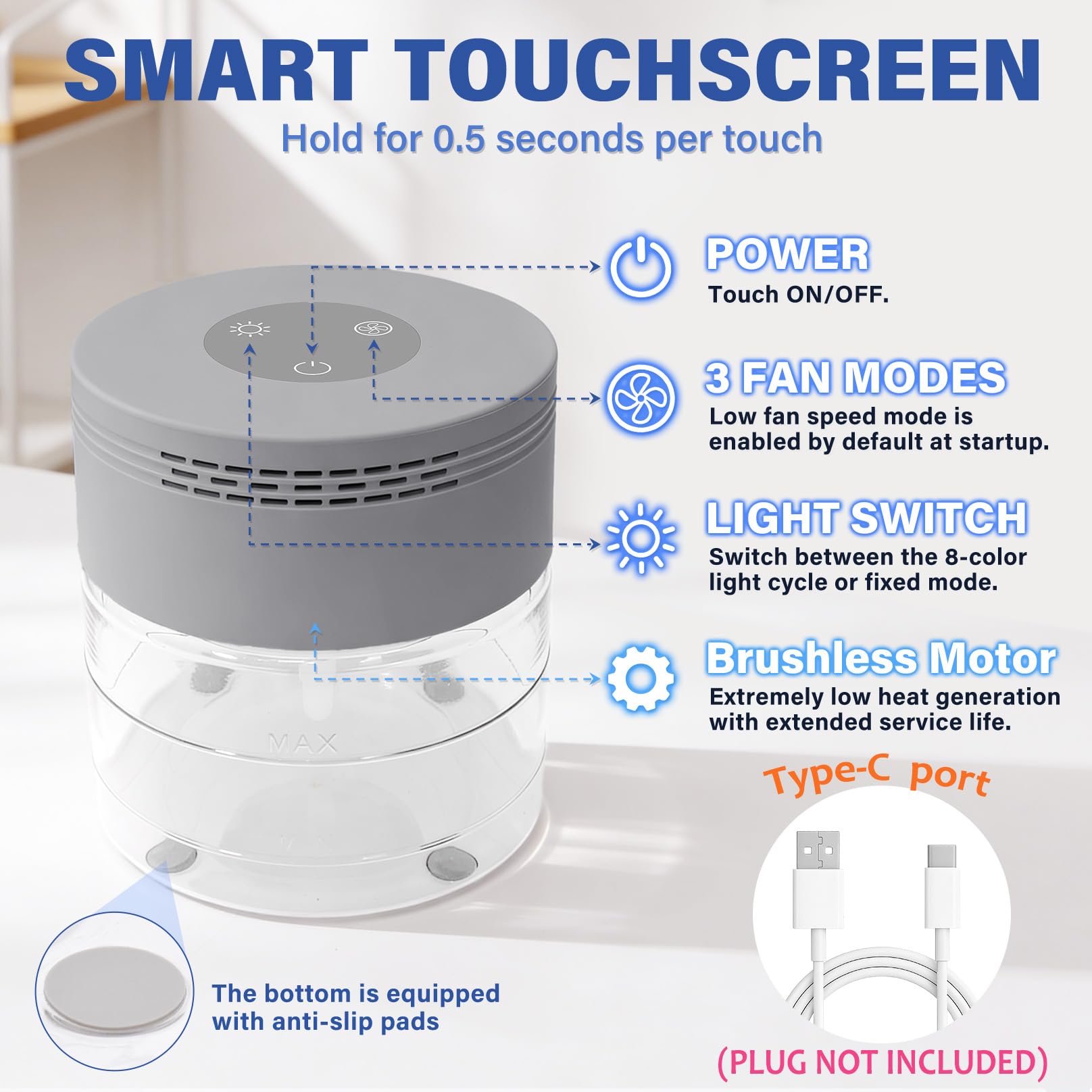 Janiful Water Air Purifier showcasing 8 LED night lights for ambiance.
