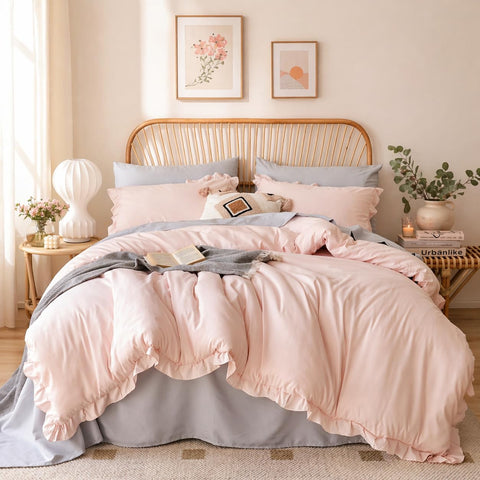 JANZAA blush pink full comforter set texture closeup shows ultra-soft microfiber feel and inviting warmth.