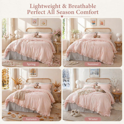 JANZAA blush pink ruffle design adds shabby chic charm to your bedroom.
