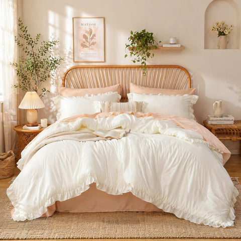 JANZAA Creamy White Full Comforter Set with microfiber texture for cloud-soft sleep.