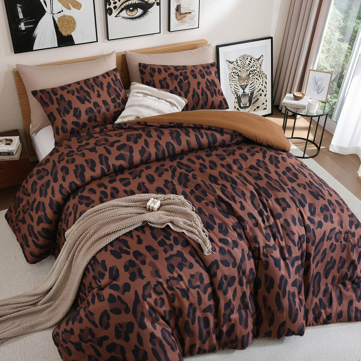 JANZAA leopard-print comforter set in queen size with vibrant colors for year-round style.