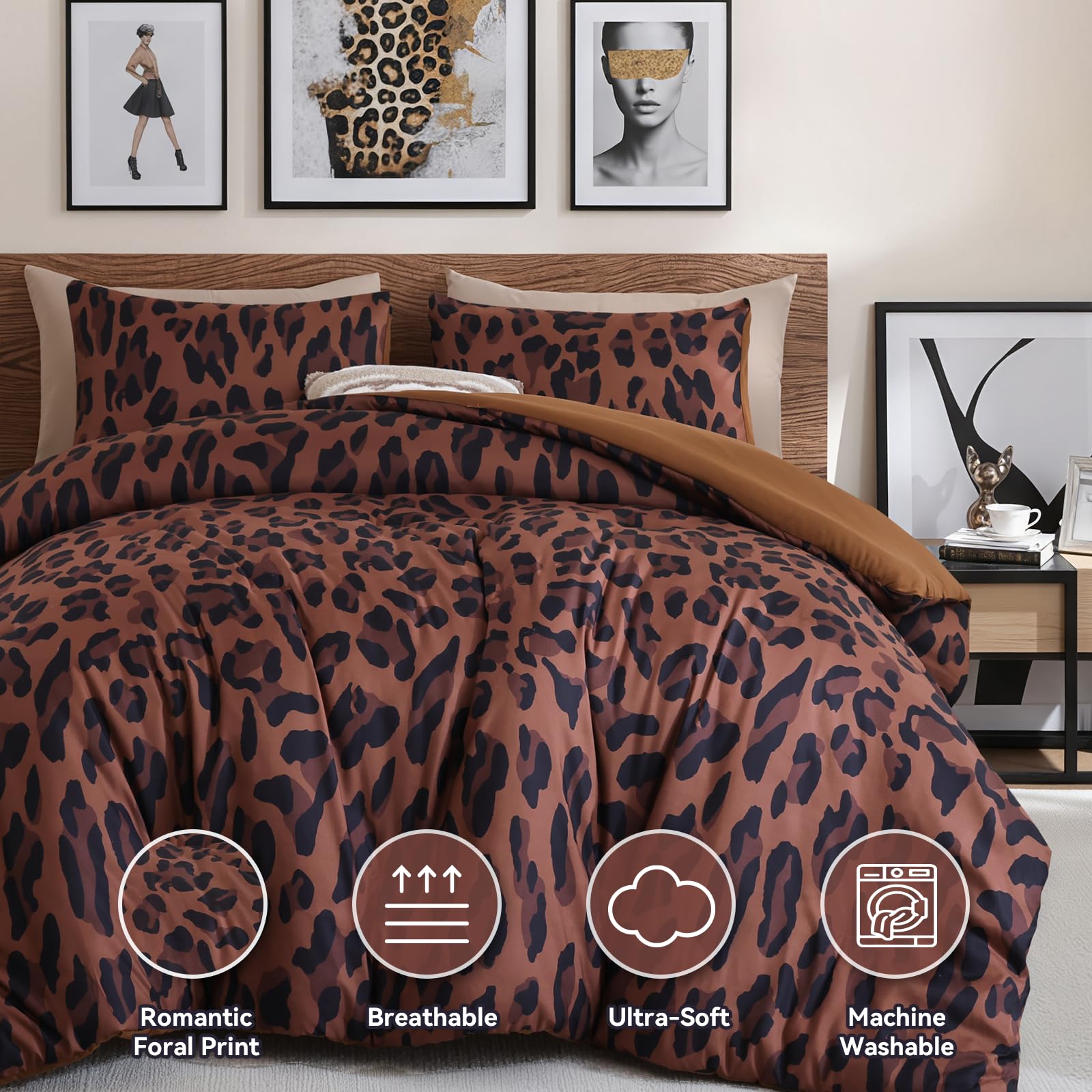 JANZAA leopard-pattern close-up shows soft brushed microfiber texture and rich detail.