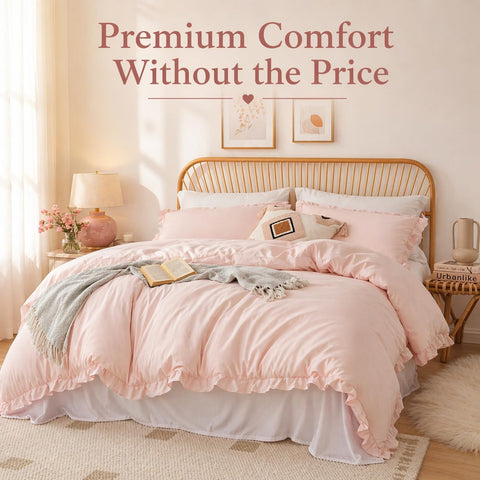 JANZAA serene bedroom ambiance with blush pink aesthetic