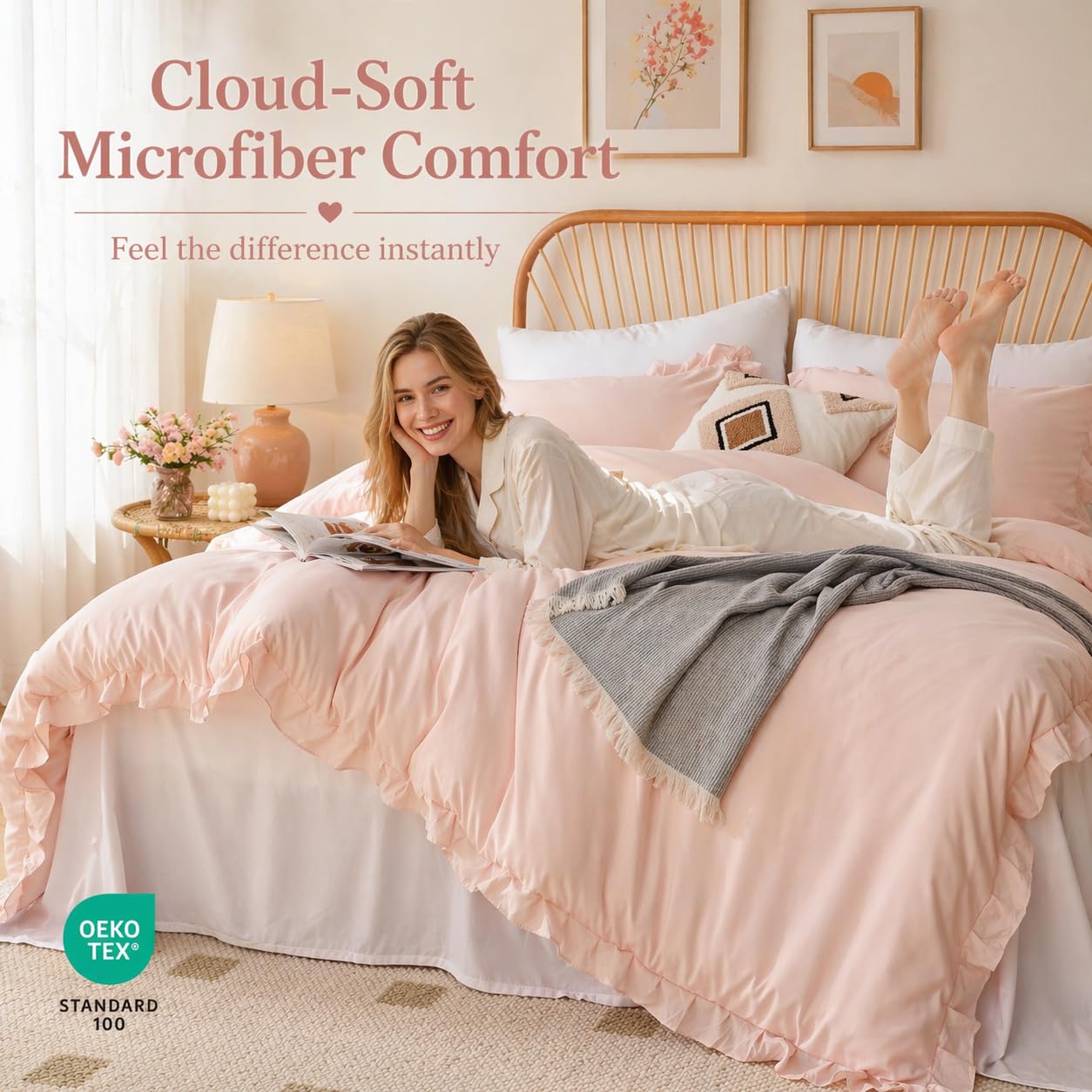 JANZAA blush pink comforter ruffle detail for romantic bedroom aesthetic