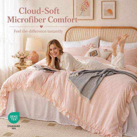 JANZAA blush pink comforter ruffle detail for romantic bedroom aesthetic