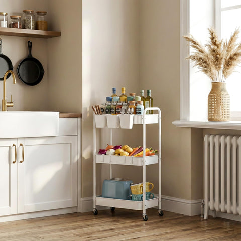 JAQ 3-tier metal cart in white offers mobile storage for cosmetics.