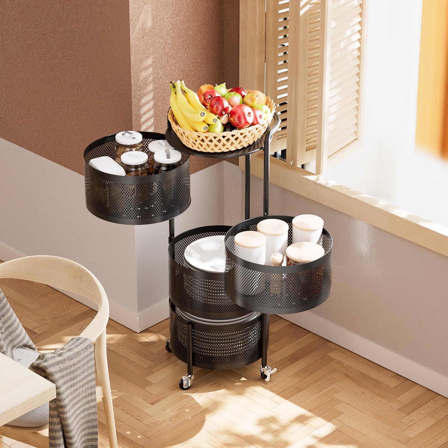 JAQ black vegetable storage rack complements modern kitchens