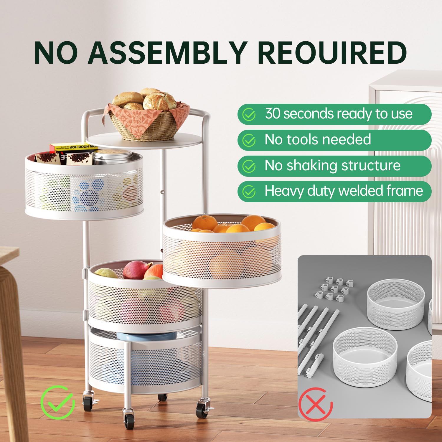 JAQ kitchen cart on smooth wheels moves easily around the pantry.
