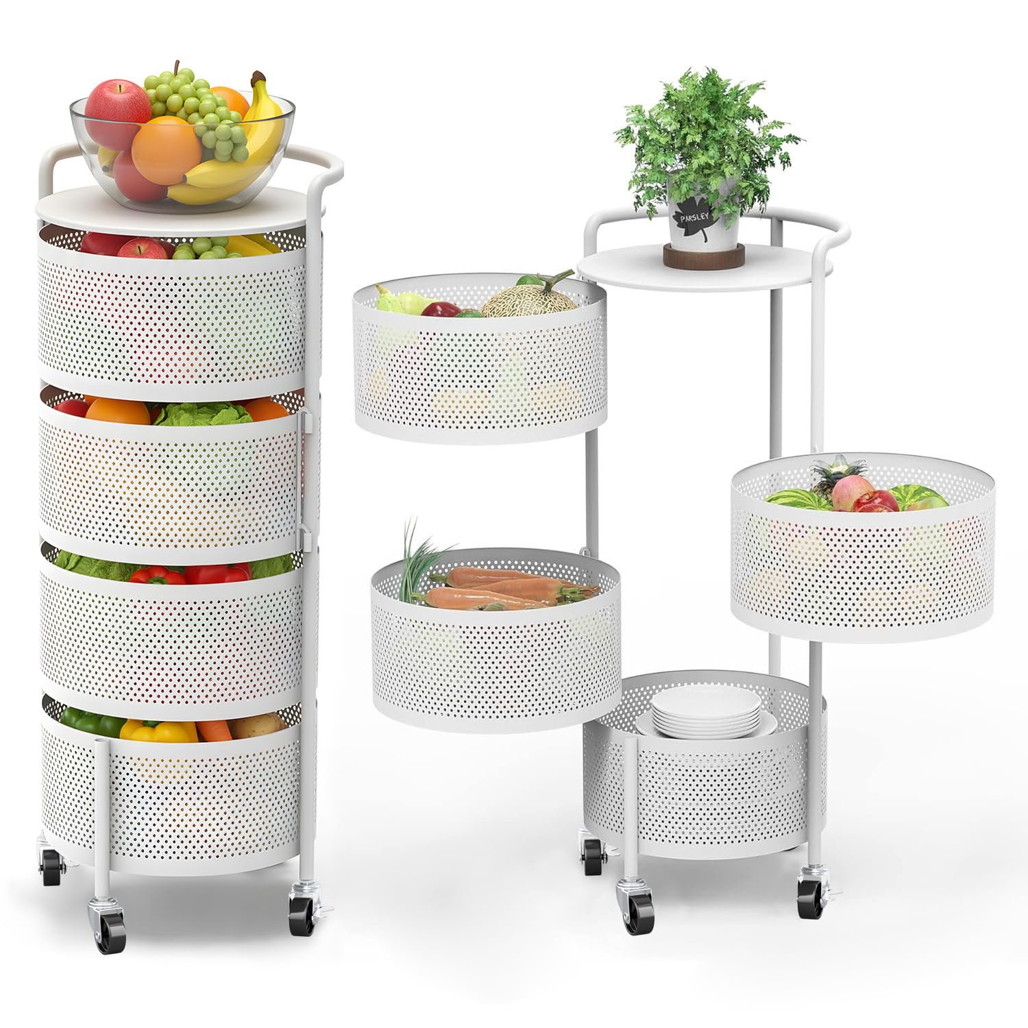 JAQ no-assembly rotating storage cart with four tiers in white for instant organization.