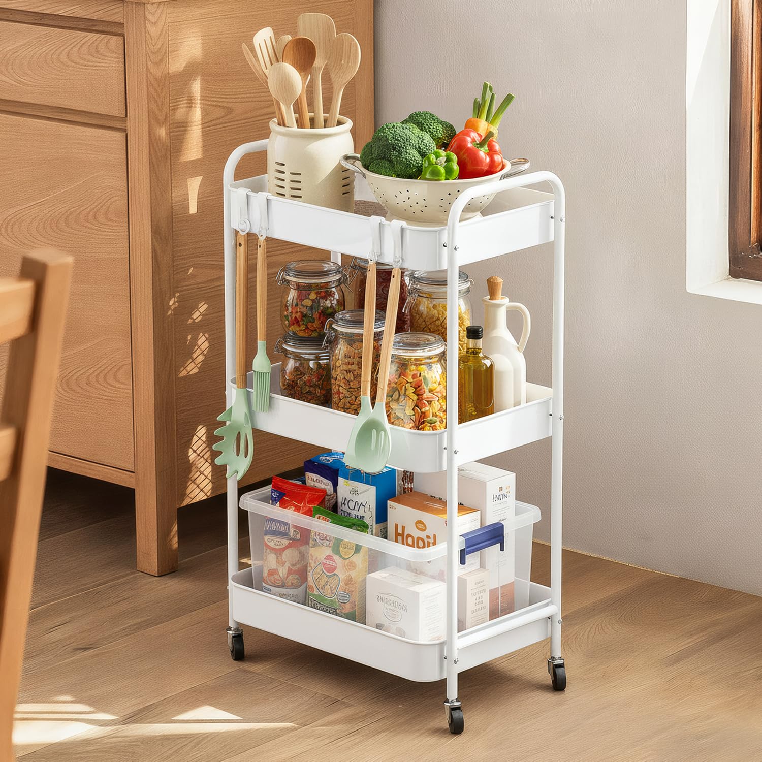 JAQ rolling cart with brake wheels stays stable during use.