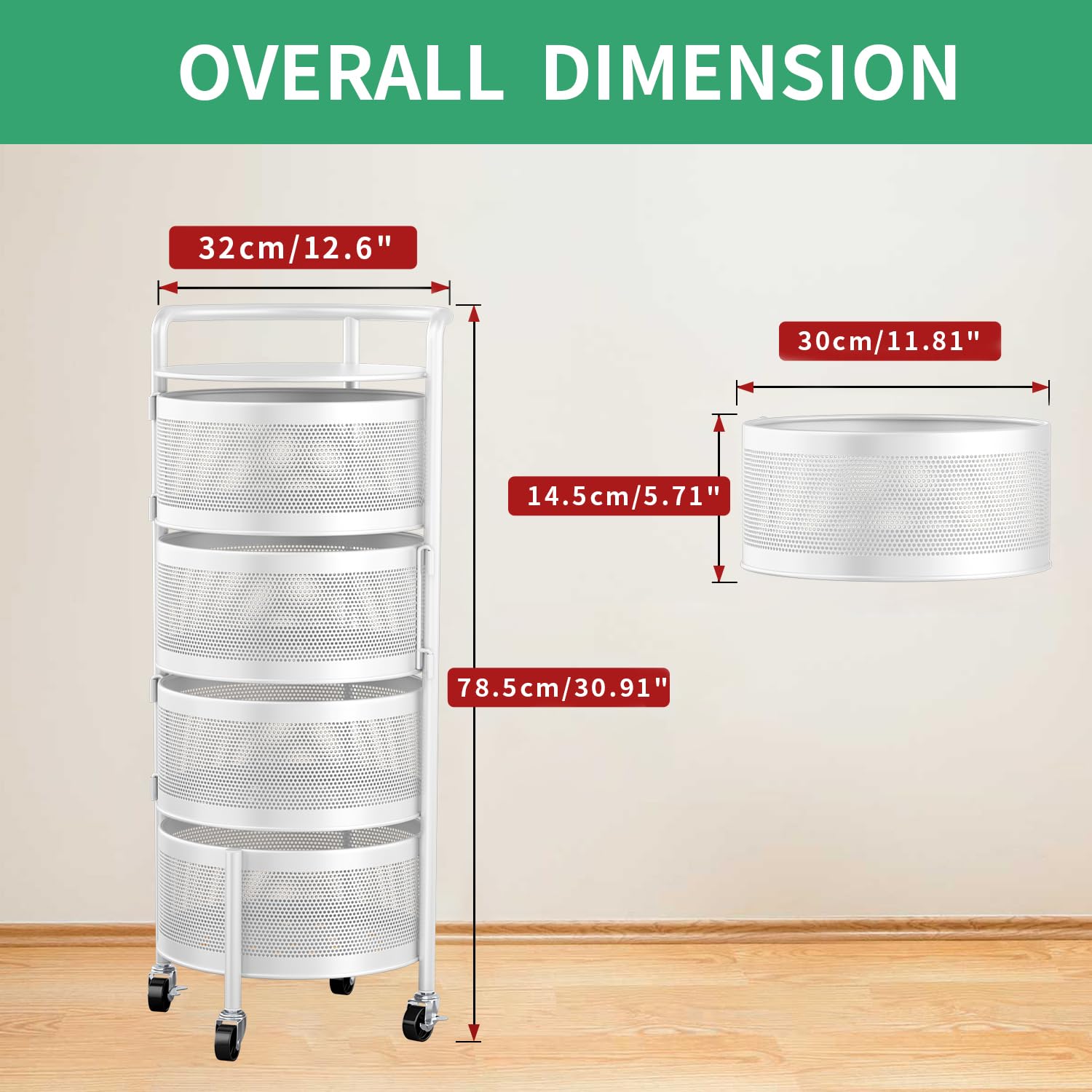 JAQ rotating baskets provide 360-degree access for fruits, veggies, and snacks.