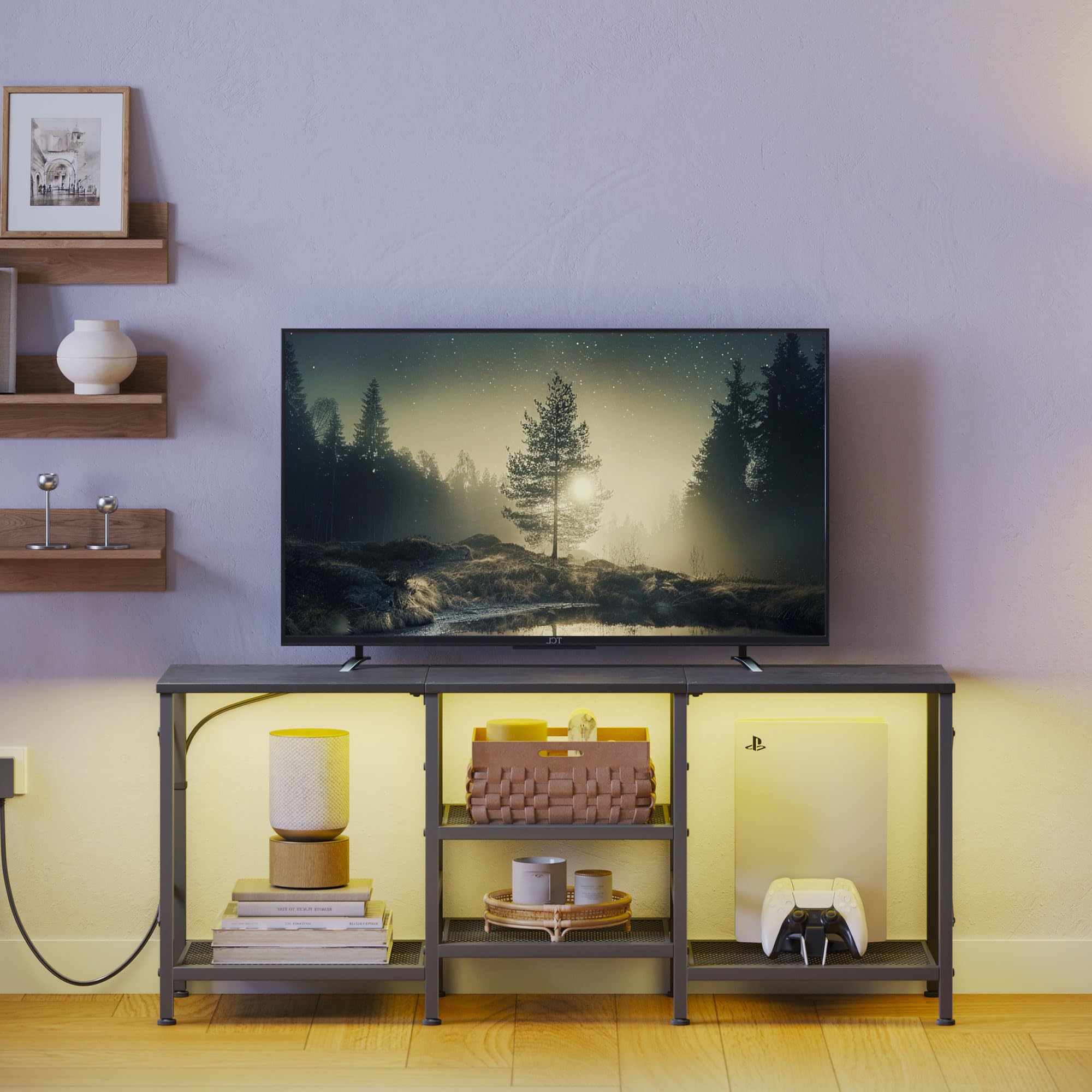 JARHETUN three-tier open shelves organize media gear neatly