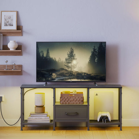 Living room setup featuring JARHETUN LED TV stand and TV