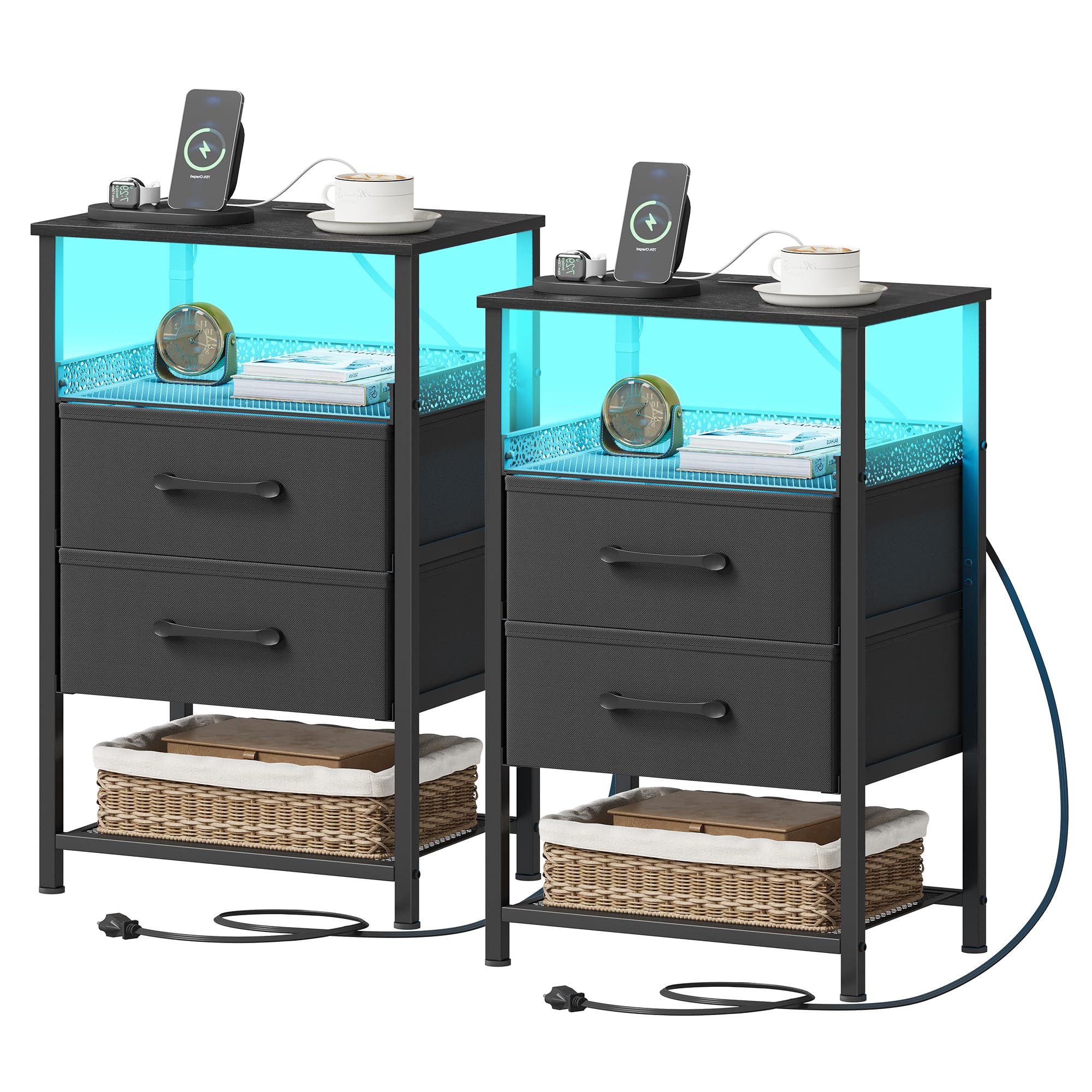 JARHETUN nightstand set with charging station and LED lights, keeping devices powered by the bedside.
