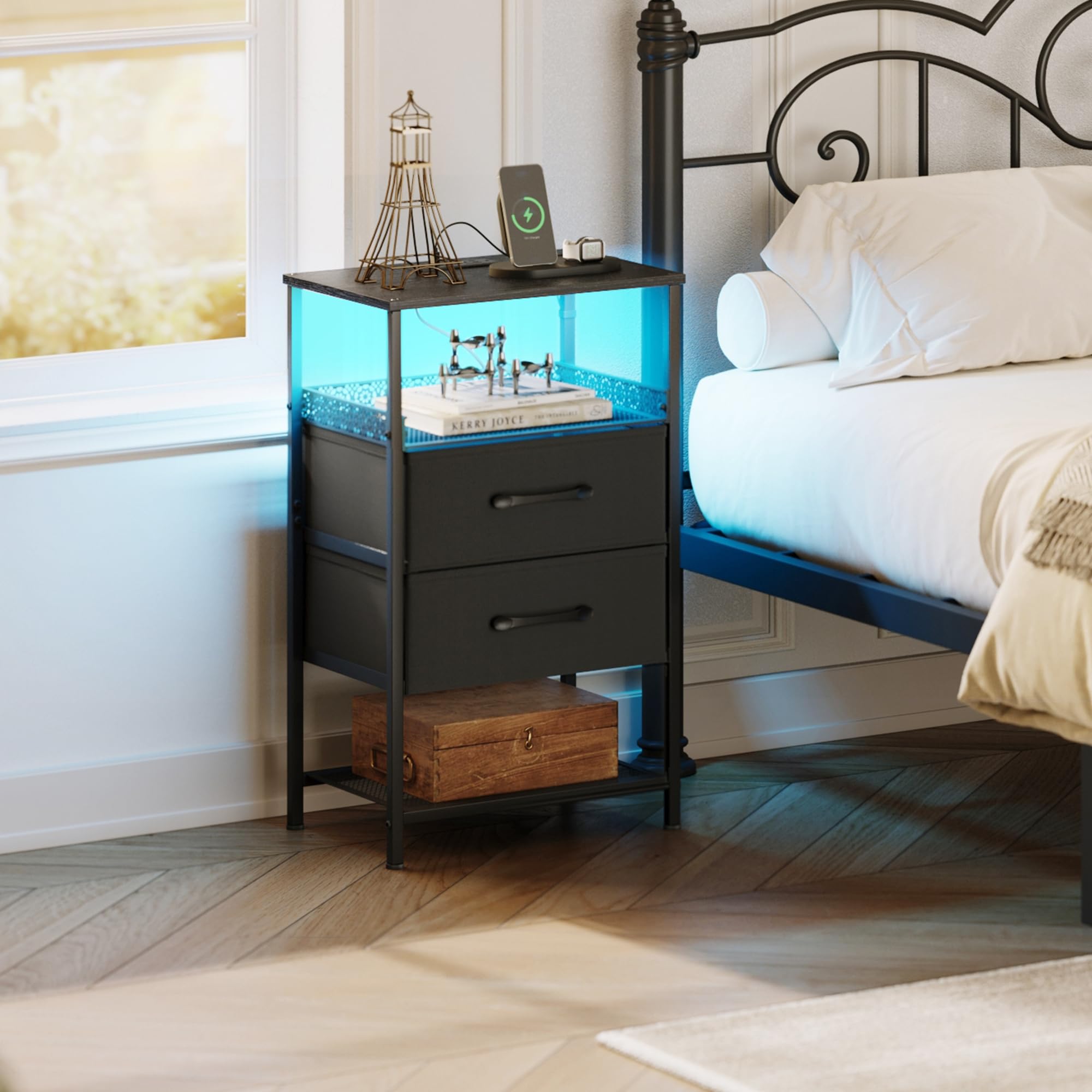 JARHETUN fabric drawers offer organized storage beside the bed.