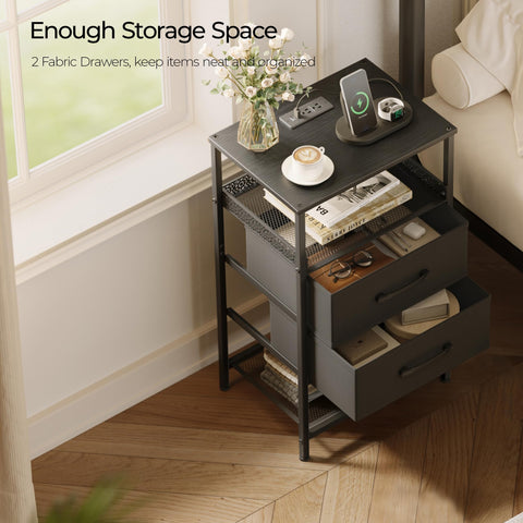 JARHETUN two-drawer unit with display shelves for decor and essentials.