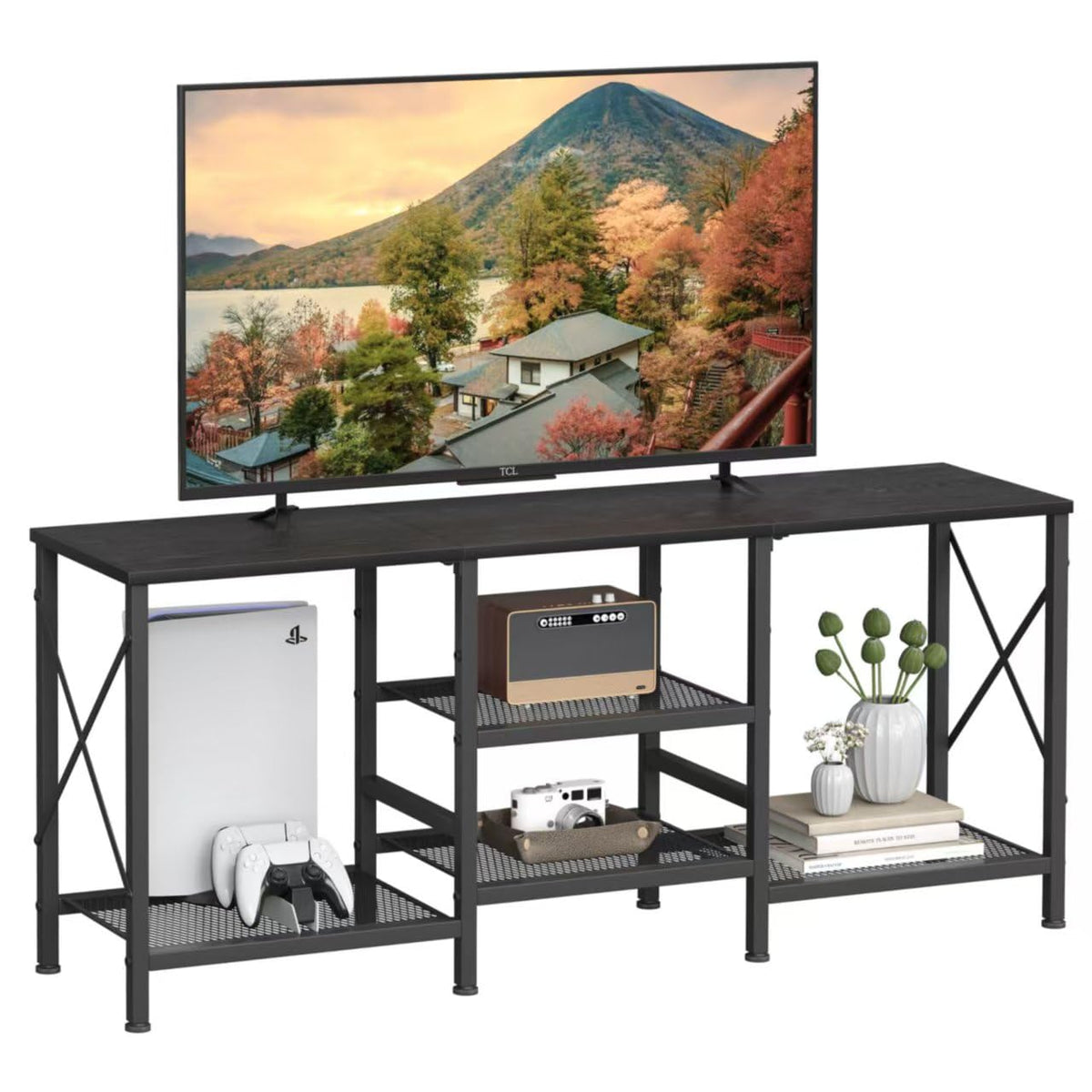 JARHETUN TV stand for 55-inch TV with three shelves keeps media devices organized.