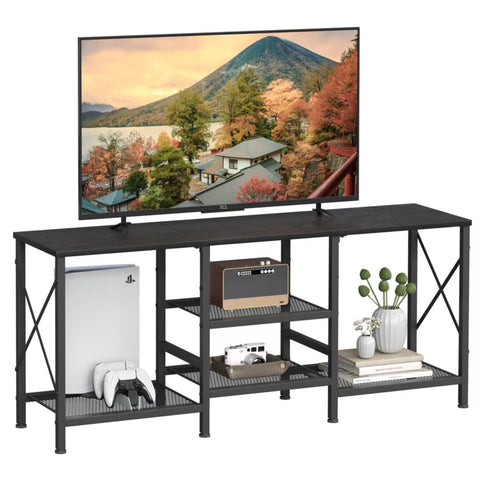 JARHETUN TV stand for 55-inch TV with three shelves keeps media devices organized.