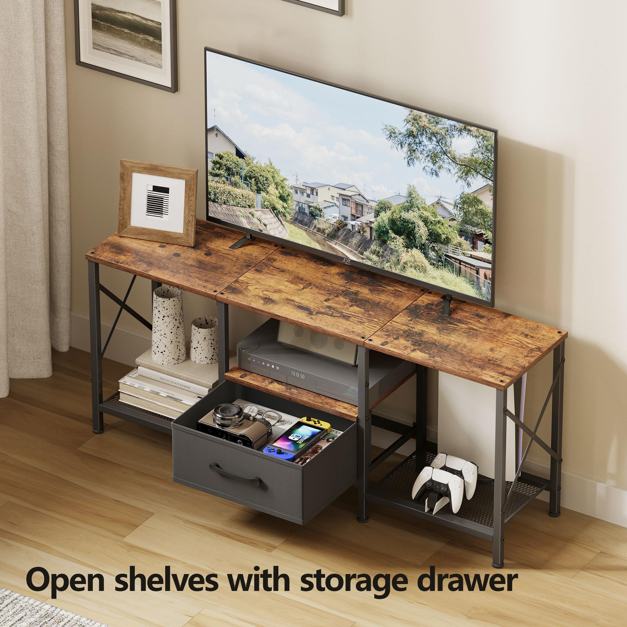 JARHETUN TV Stand anti-tip design improves safety on uneven floors.