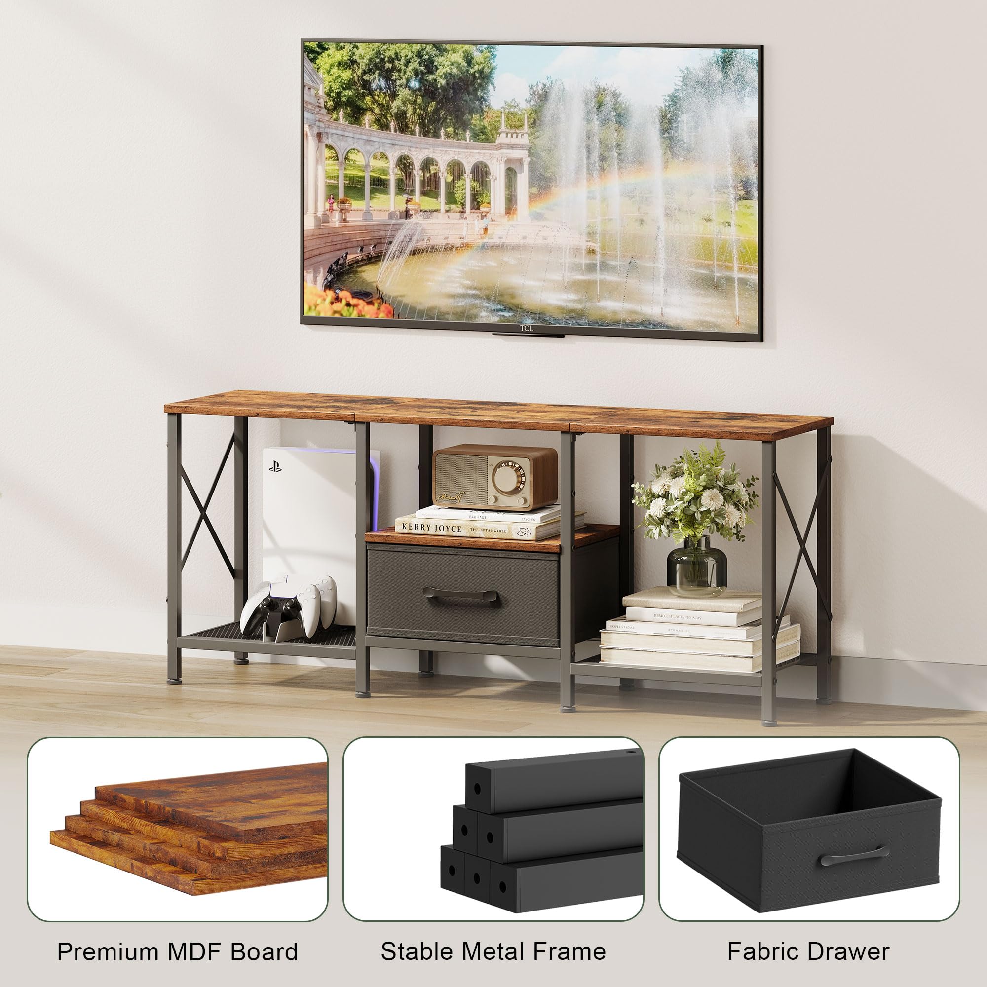 JARHETUN TV Stand dimensions fit 43-55 inch TVs with display space.
