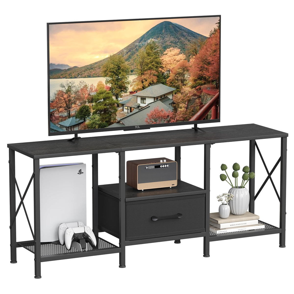 JARHETUN TV Stand front view with fabric drawer for clutter-free living room.