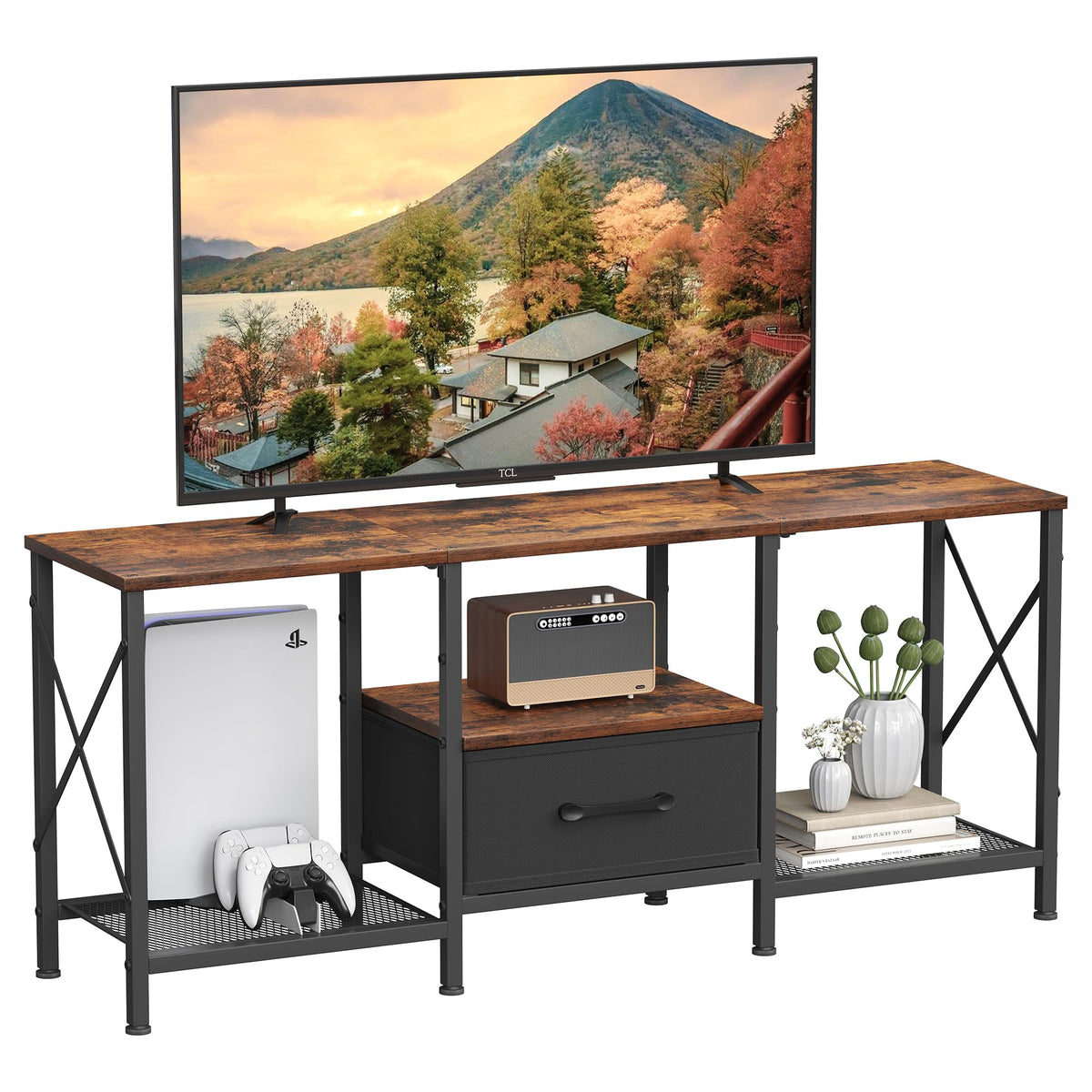 JARHETUN TV Stand with Industrial Rustic Brown supports 50-55 inch TVs in modern living rooms.