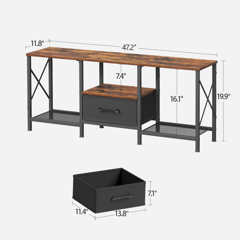 JARHETUN TV Stand open shelves and fabric drawer keep media devices organized.