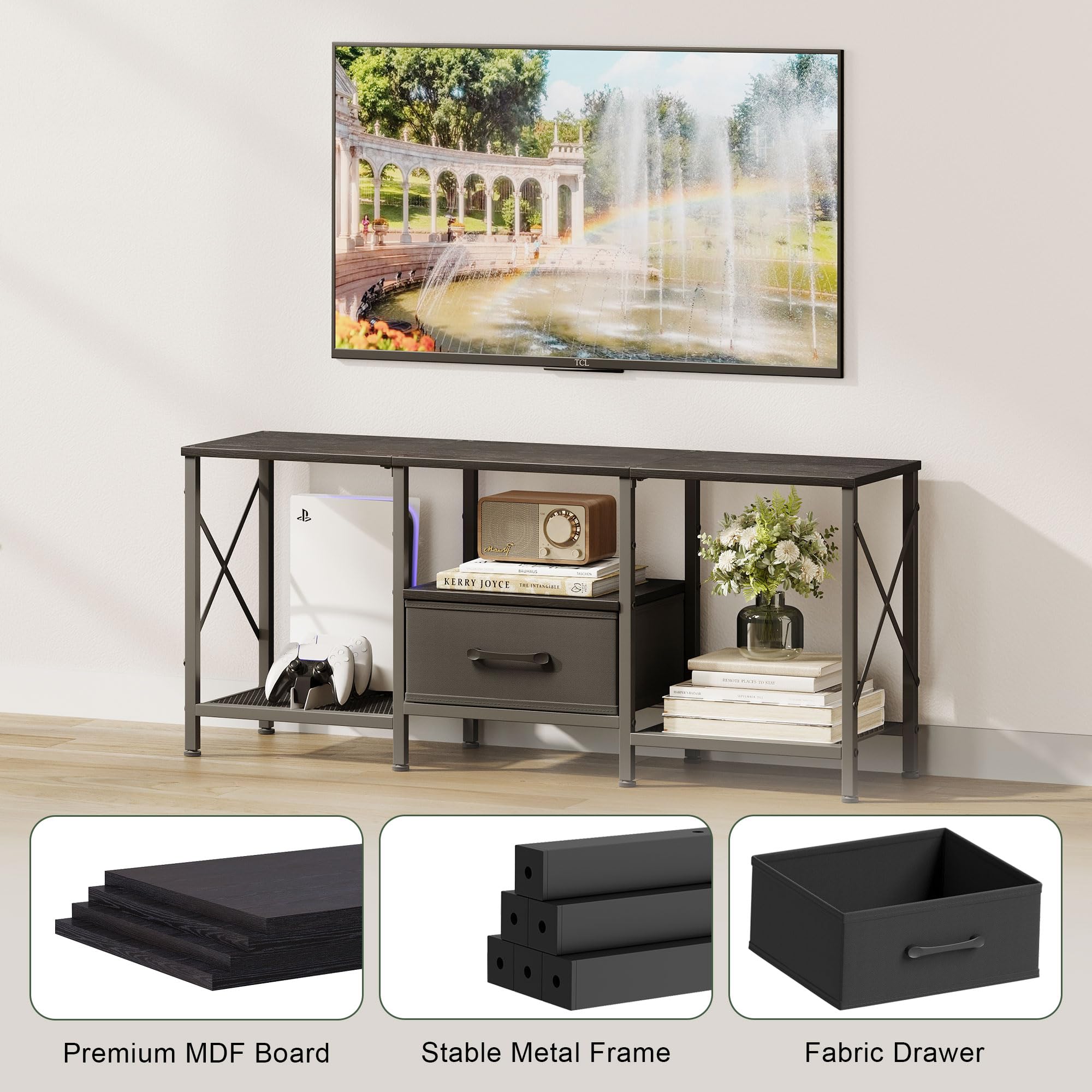 JARHETUN TV Stand sturdy metal frame supports heavy equipment.