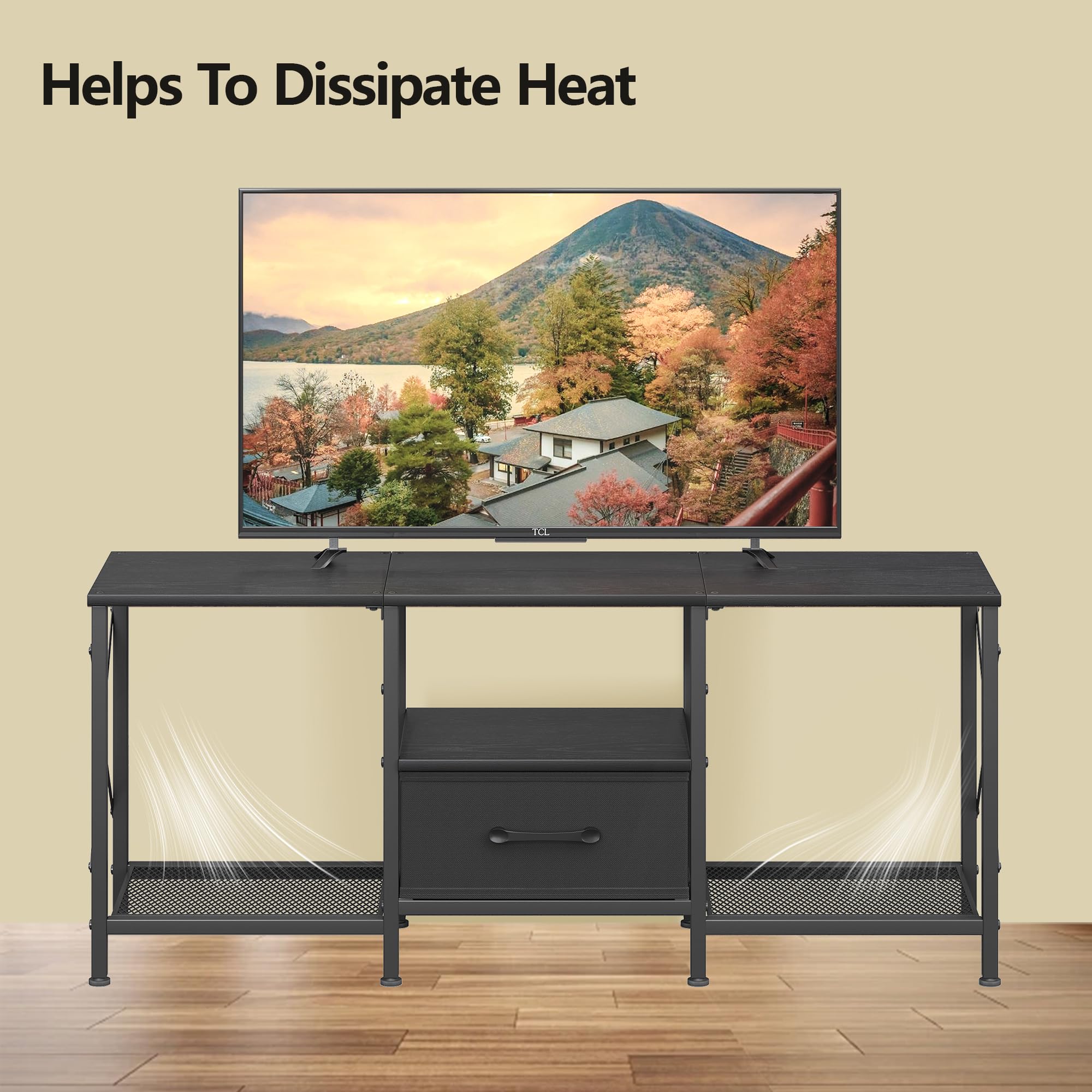 JARHETUN TV Stand fits 43–55 inch TVs with balanced feet.