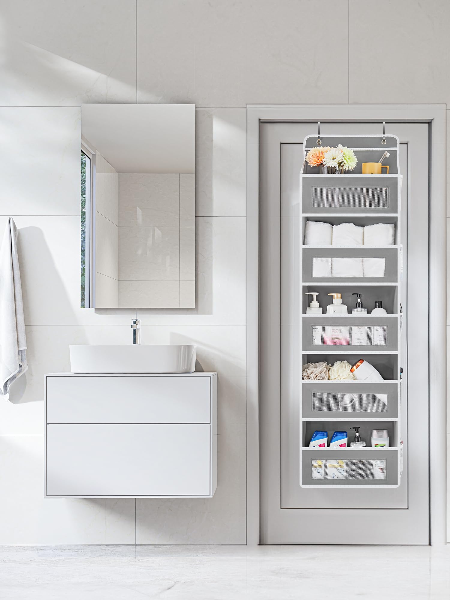 JARLINK door organizer showing see-through mesh pockets for quick visibility