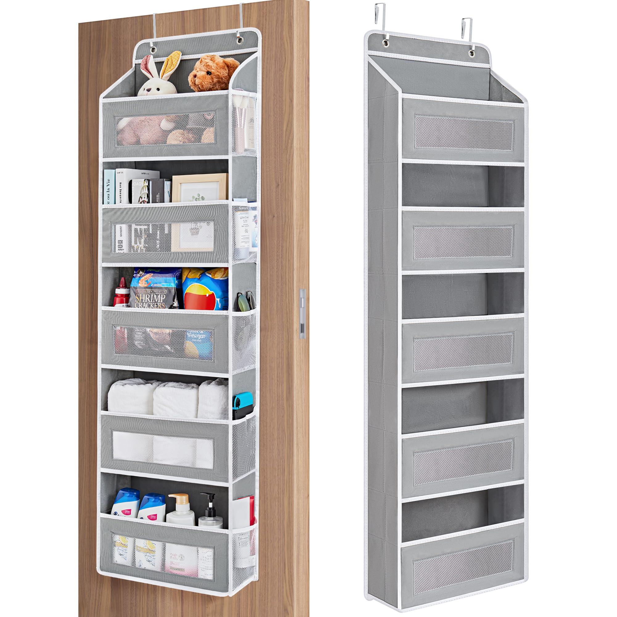 JARLINK over-the-door organizer with five grey pockets for toy storage